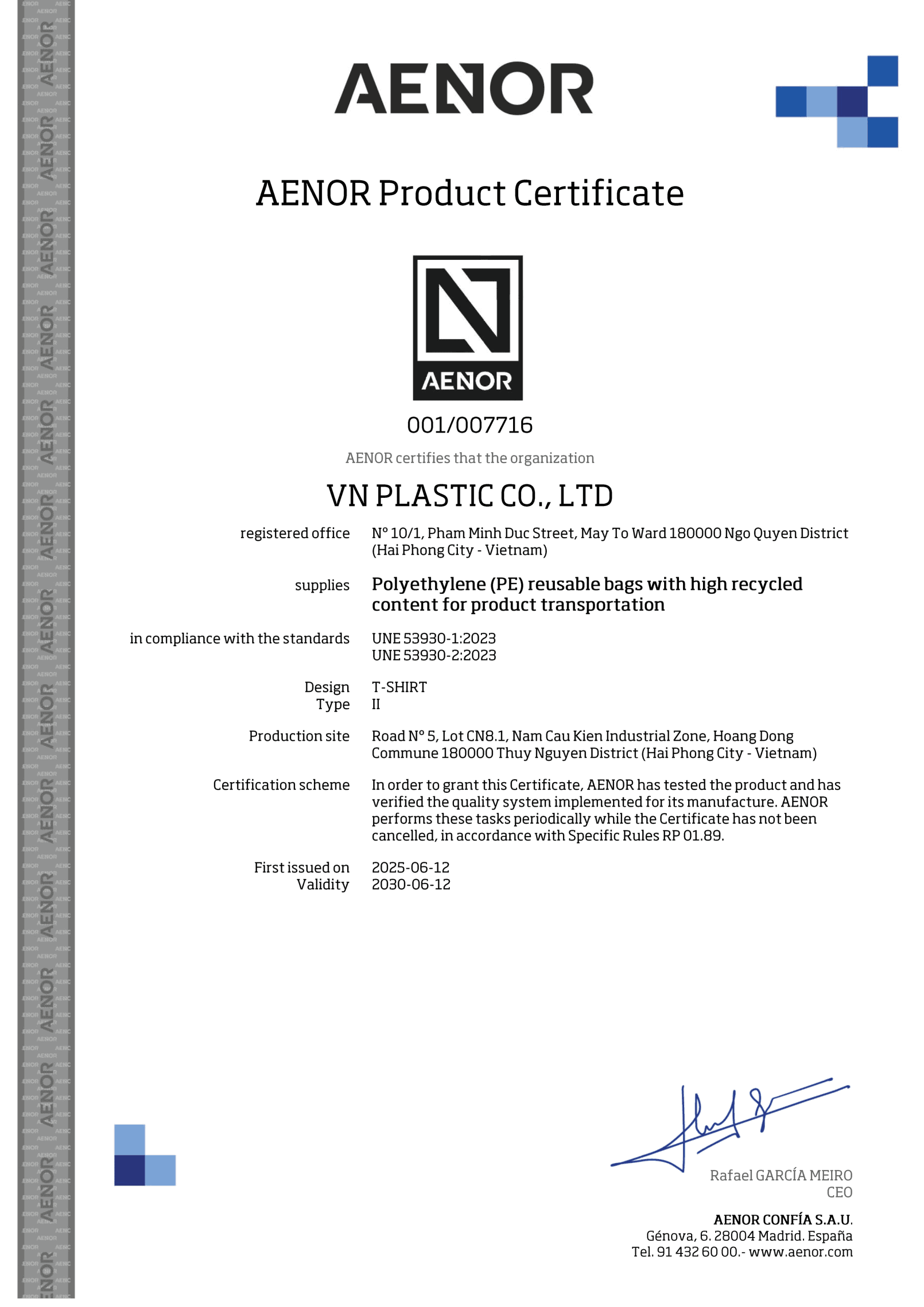 cetificate of RECYCLED T-SHIRT BAGS