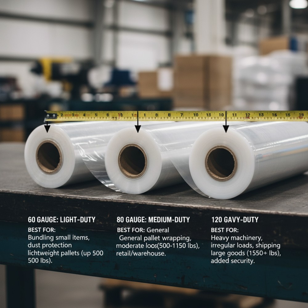 A close-up comparison of different gauges of stretch film, highlighting the differences in thickness and explaining which applications each gauge is best suited for.