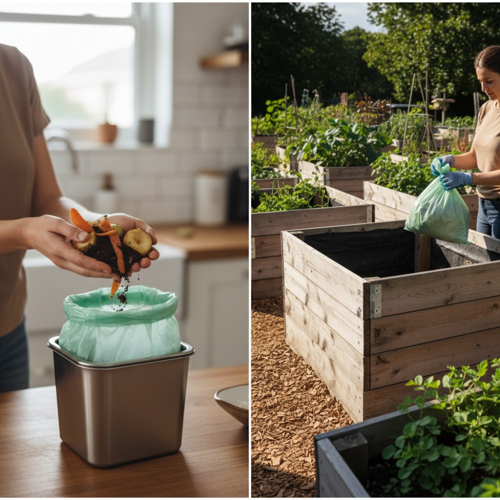 A split-screen image. On one side, a person is carefully sorting food scraps (vegetable peels, coffee grounds) into a compostable bag inside a kitchen compost bin. On the other side, the filled compostable bag is being deposited into a larger compost bin at a community composting site.