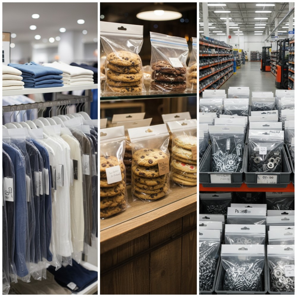 Here's your image of clear block header bags in various settings: