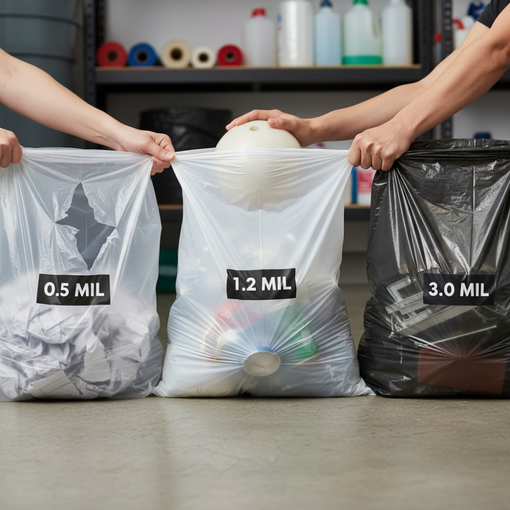 Here is an image comparing three different trash can liners, illustrating the differences in their durability and thickness.