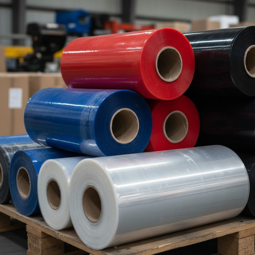 A close-up shot of different types of stretch film rolls (clear, colored, opaque) stacked on a pallet. The focus is on the texture and appearance of each film type.