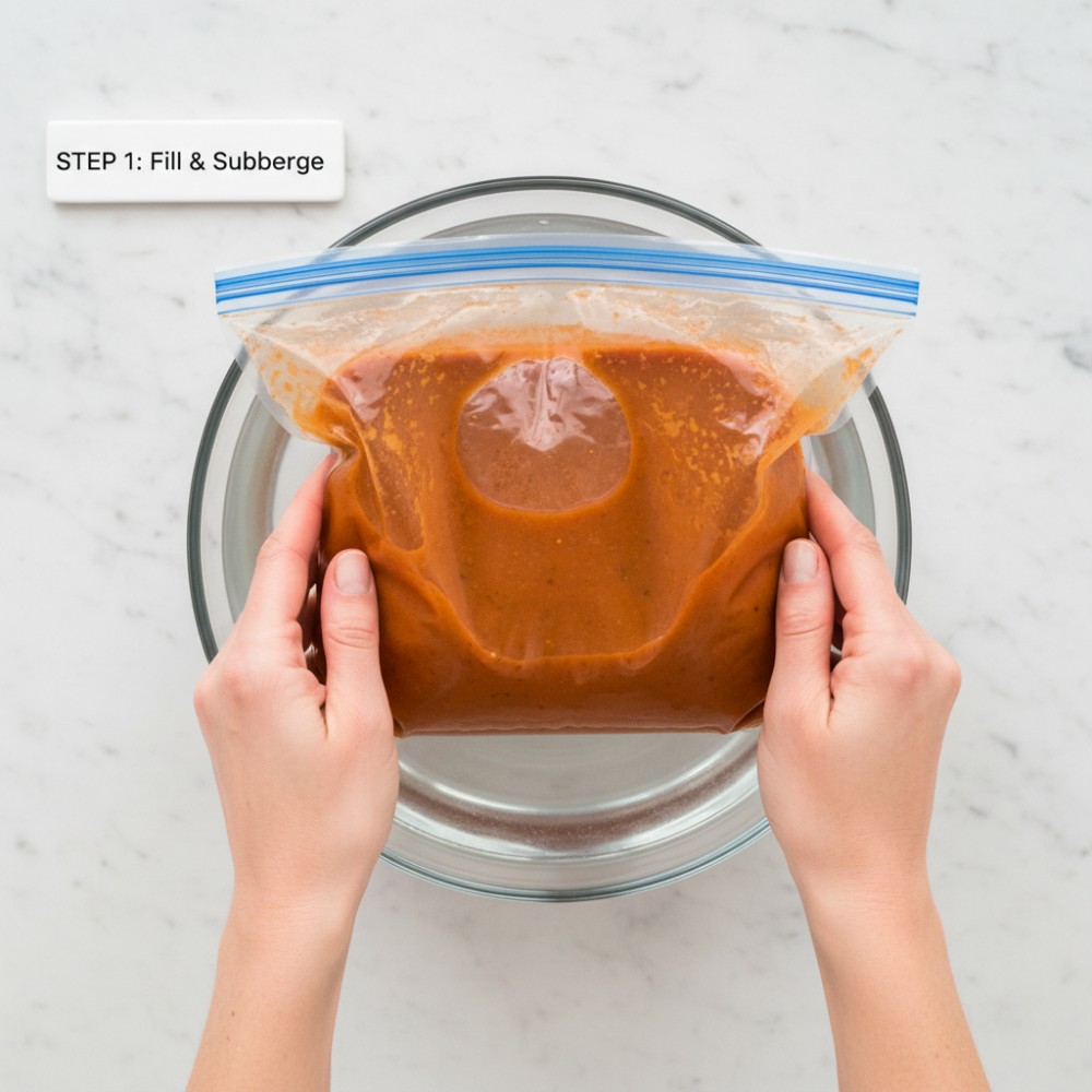 Here is a step-by-step visual guide demonstrating the water displacement method for removing air from a freezer bag filled with soup.
**Step 1: Fill the Bag and Submerge Partially**
Start by filling your freezer bag with soup, leaving a few inches at the top. Seal the bag almost completely, leaving a small opening in one corner. Slowly lower the bag into a bowl or pot of water, allowing the water to press against the soup and push the air upwards.