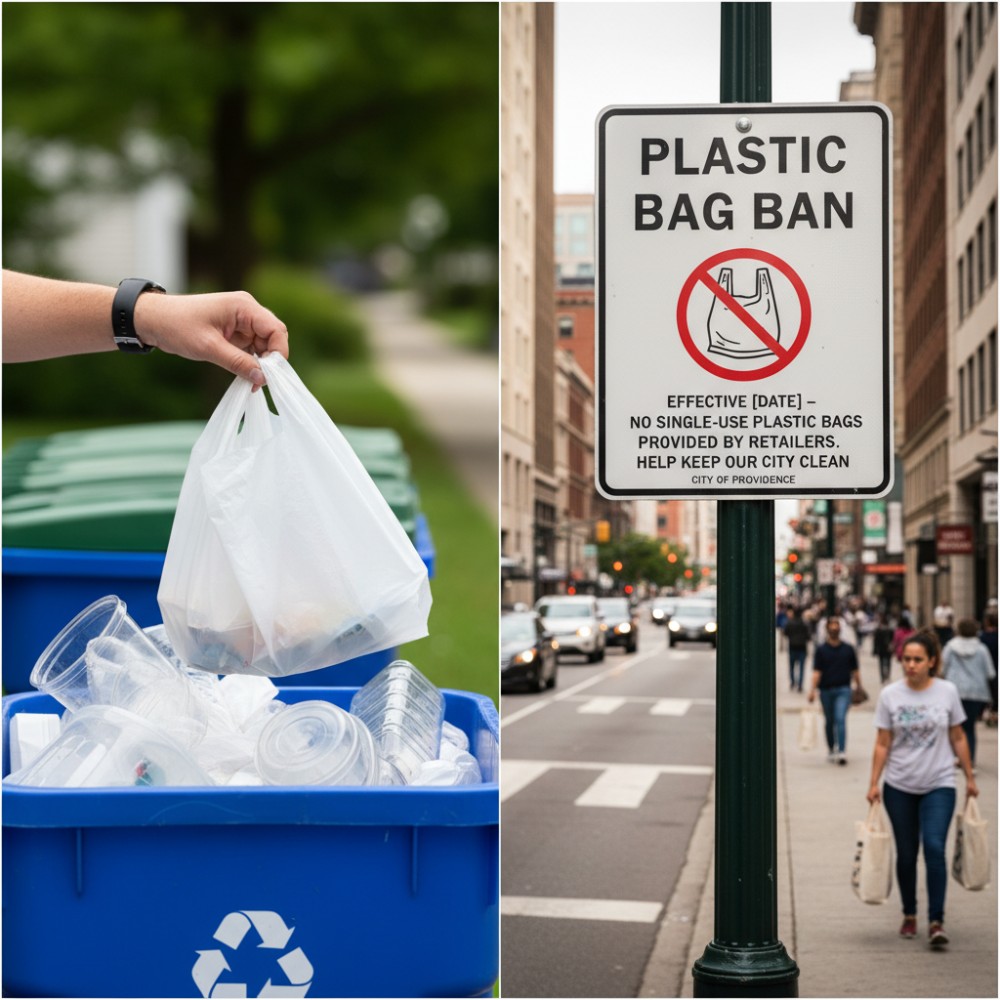 A split image. On one side, a close-up of a hand placing a plastic bag into a recycling bin. On the other side, a sign indicating a plastic bag ban in a city. The image should convey the contrasting realities of plastic bag usage and regulations.