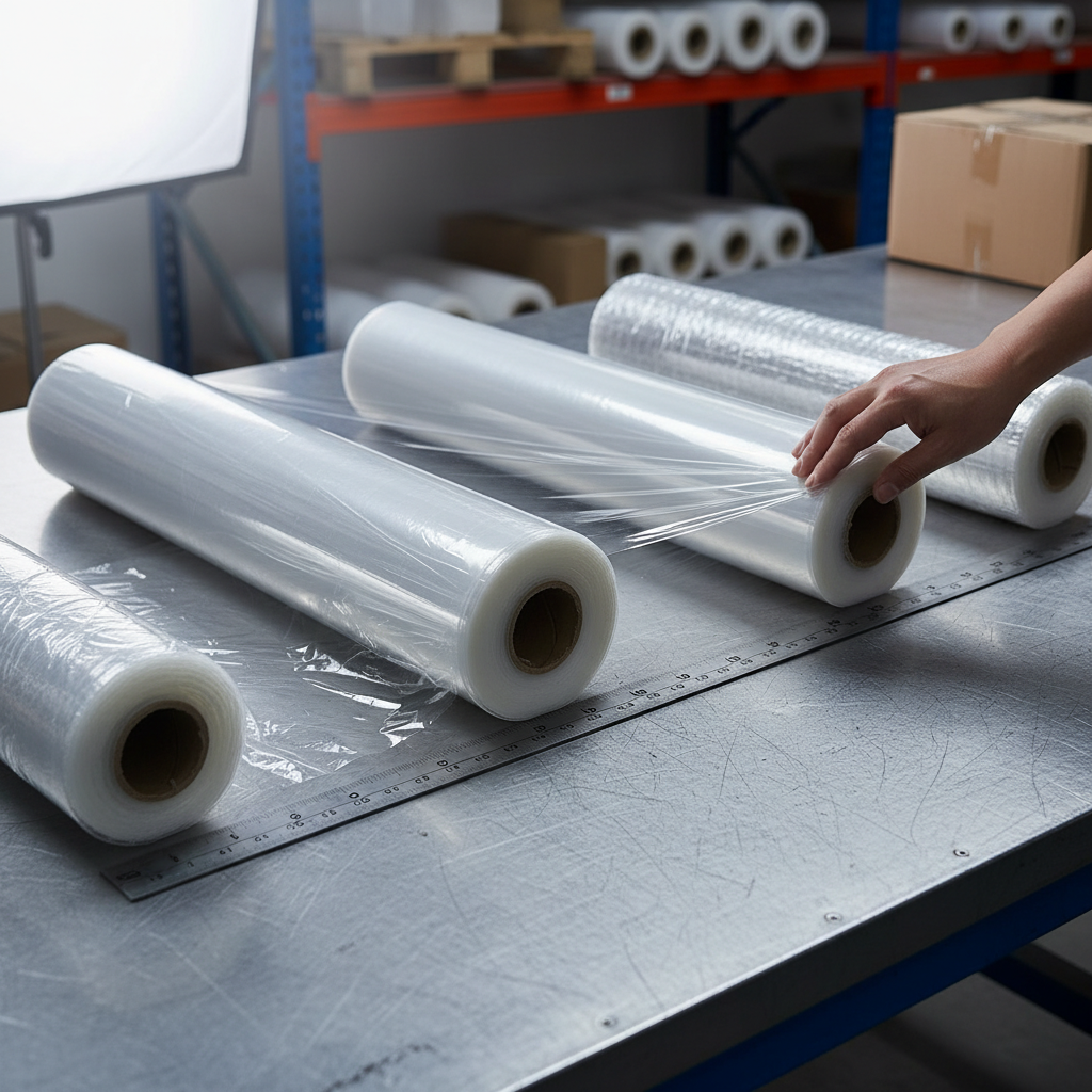 A close-up shot showcasing the different textures and thicknesses of various pallet wrap films. Include a ruler or measuring tool to emphasize the gauge and a hand gently stretching the film to illustrate its elasticity and cling properties.