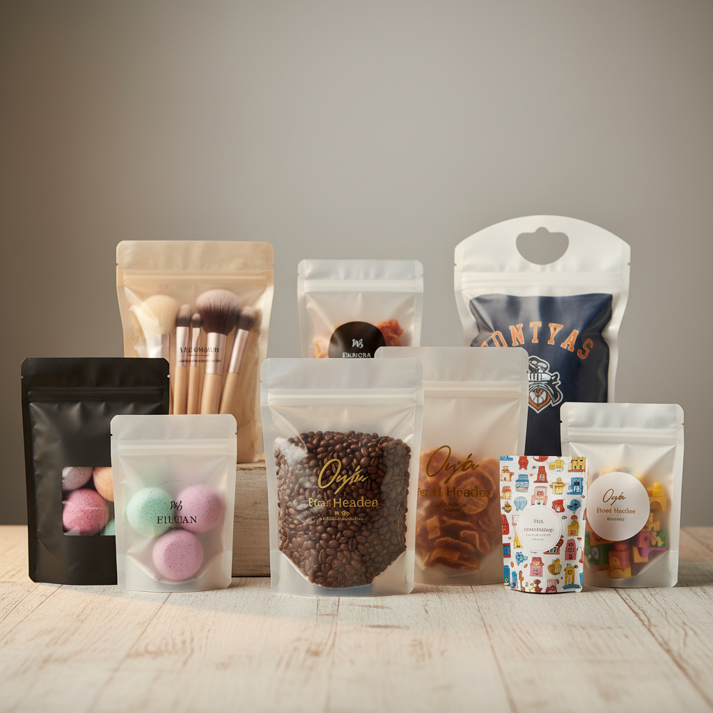 A visually appealing arrangement showcasing diverse applications of custom header bags across different industries, such as food, retail, and cosmetics. Highlight the versatility and adaptability of the packaging.