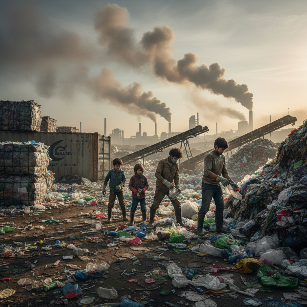 A family in a developing country sifting through piles of plastic waste at a recycling facility, with a backdrop of polluted landscapes and industrial smog. The image should convey the harsh realities of waste management in these regions.