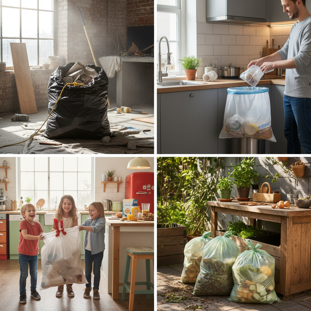 A collage showcasing different types of trash bags being used in various kitchen scenarios: heavy-duty bags with construction debris, small bags in an apartment, secure bags with kids, and biodegradable bags in a garden setting.