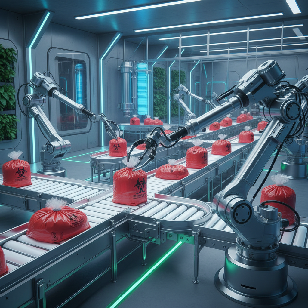 A futuristic rendering of a fully automated medical waste disposal facility, showcasing robotic arms sorting and processing red biohazard bags. The facility is clean, sterile, and environmentally friendly.