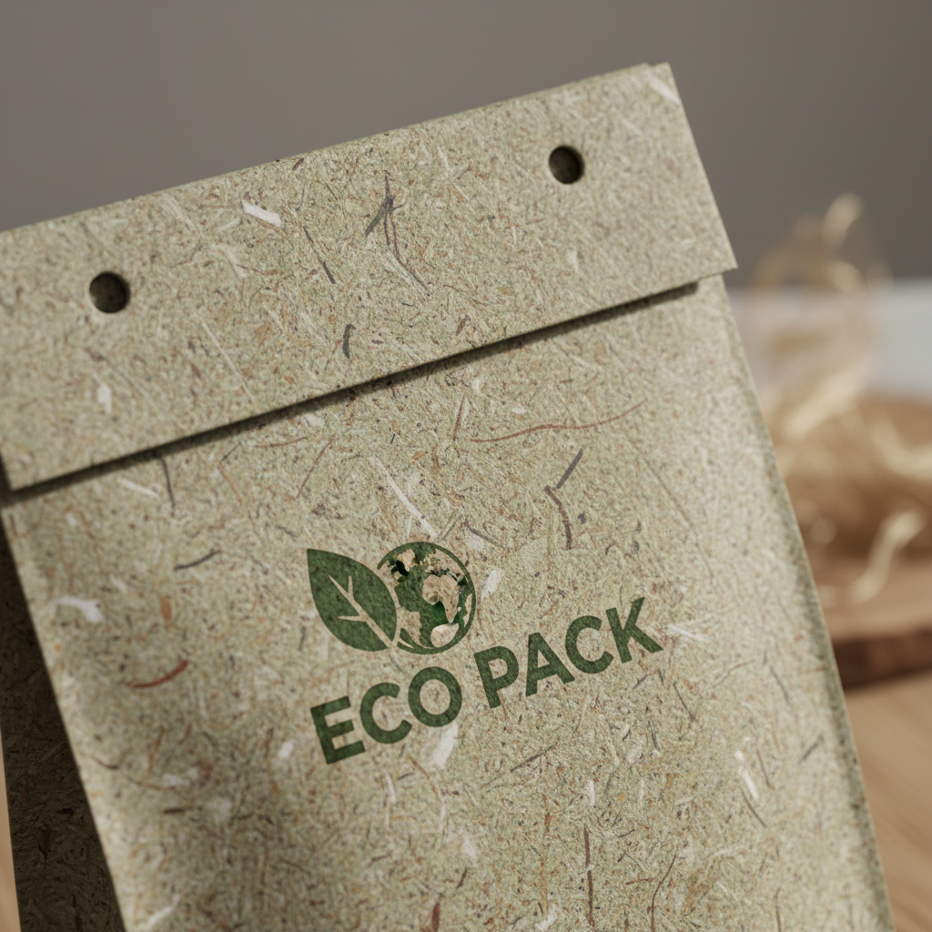 A close-up shot highlighting the texture and print quality of a printed header bag made from recycled materials. The focus is on the subtle details of the recycled material and the crispness of the printed logo. Soft, diffused lighting emphasizes the eco-friendly nature of the bag.