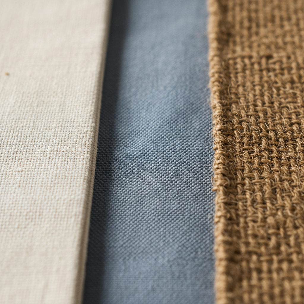 A close-up shot of various recycled tote bag materials, showcasing the textures and details of recycled cotton, rPET, and recycled jute. Focus on the tactile and visual appeal of each material.