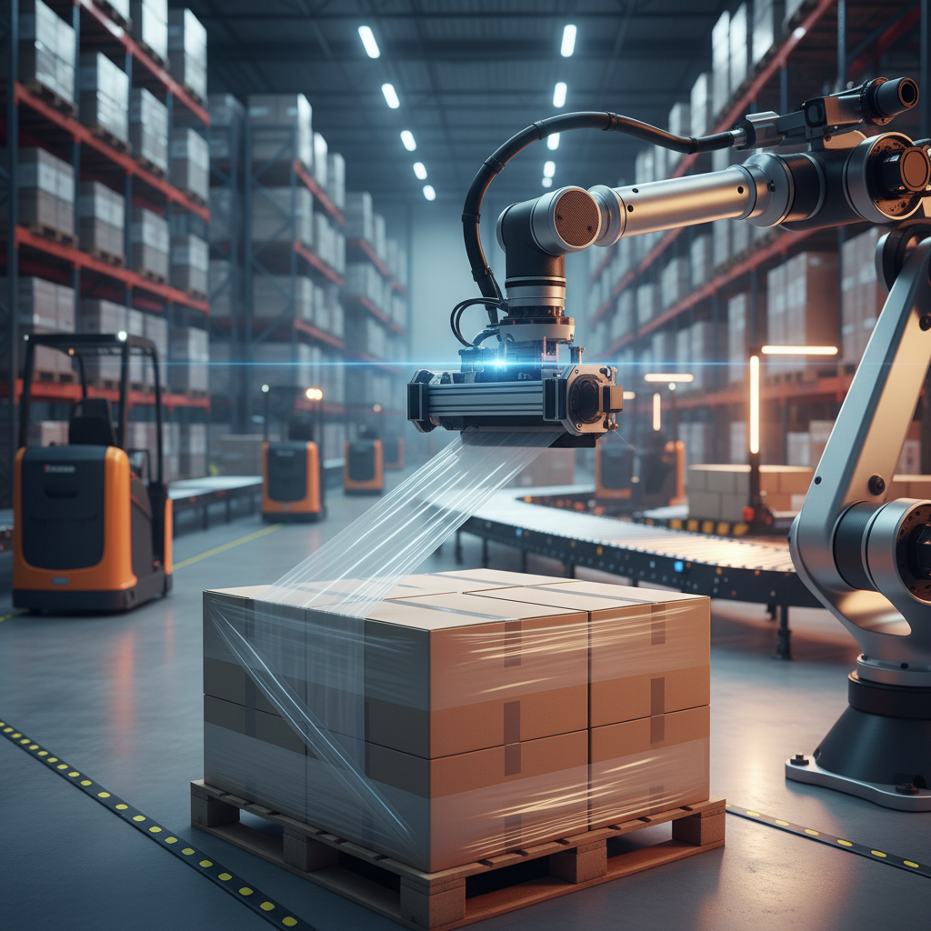 A close-up shot of a robotic arm applying machine stretch film to a pallet in a highly automated warehouse setting. The focus is on the precision and efficiency of the robotic application.