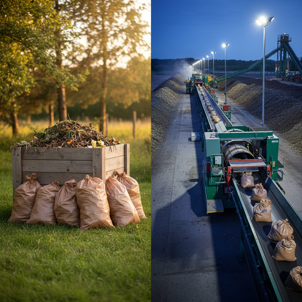 A split image showing a backyard compost bin on one side and a commercial composting facility on the other, highlighting the different scales of composting.