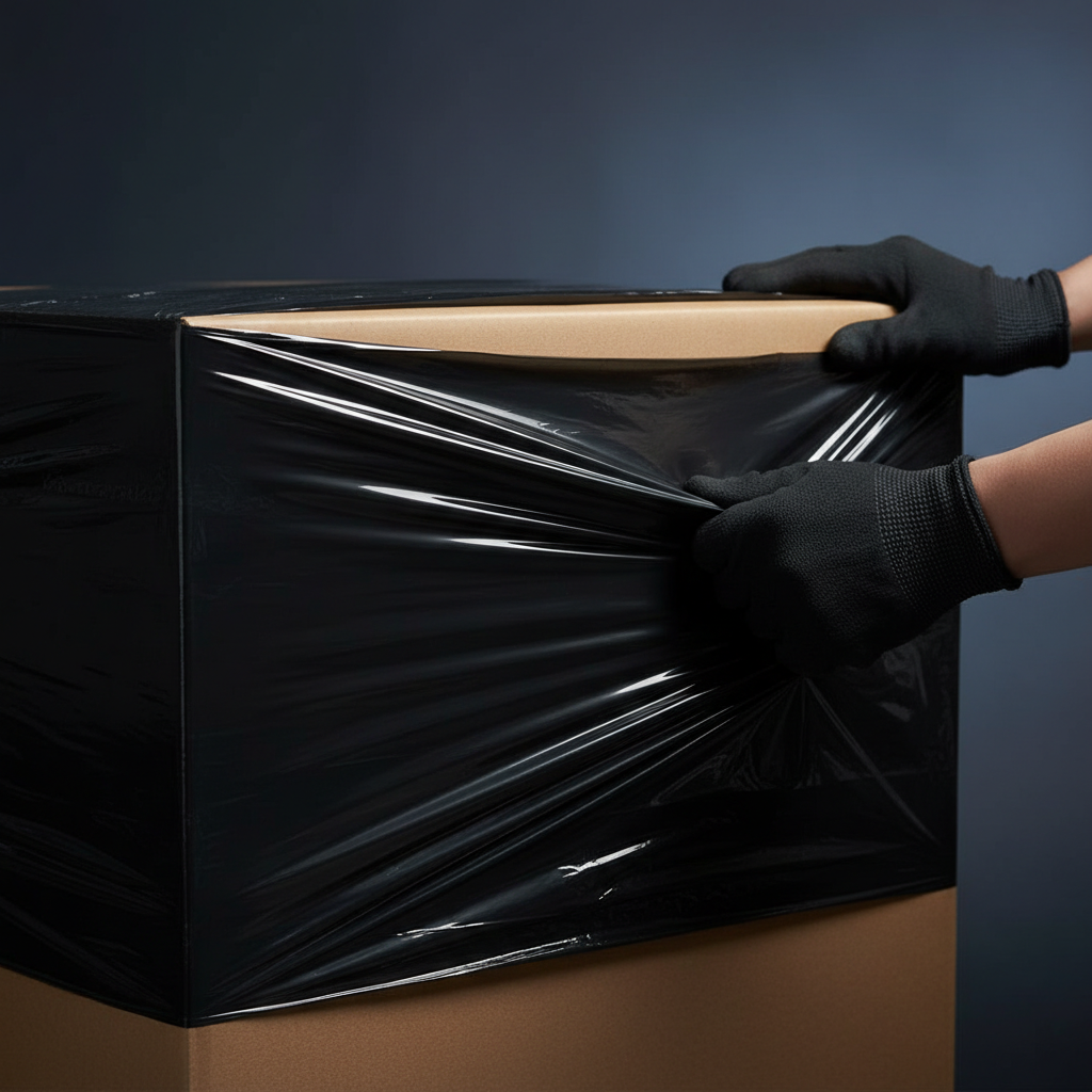 A close-up shot of black stretch wrap being manually applied to a box, highlighting the stretch and cling properties of the material.