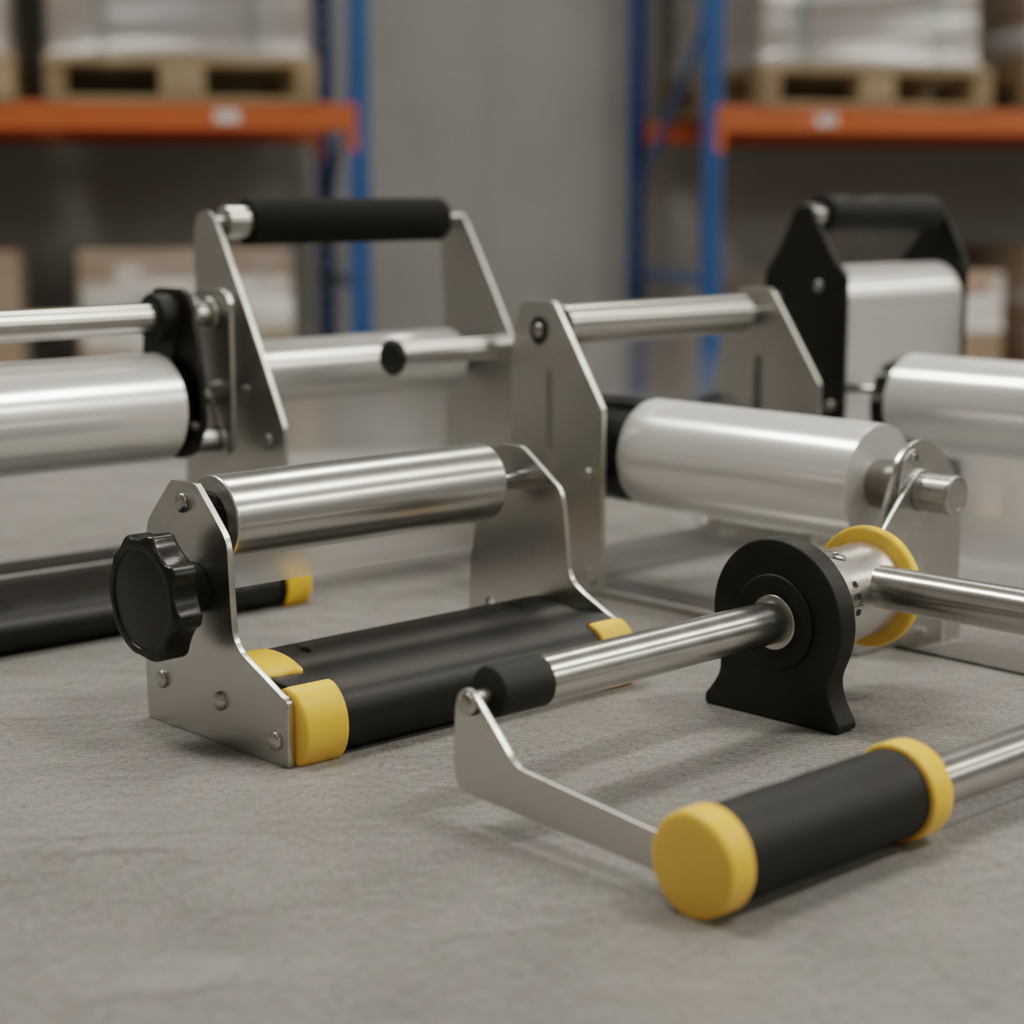 A close-up shot of various hand stretch wrap dispensers showcasing different handle designs, tension adjustment mechanisms, and construction materials (steel, plastic).