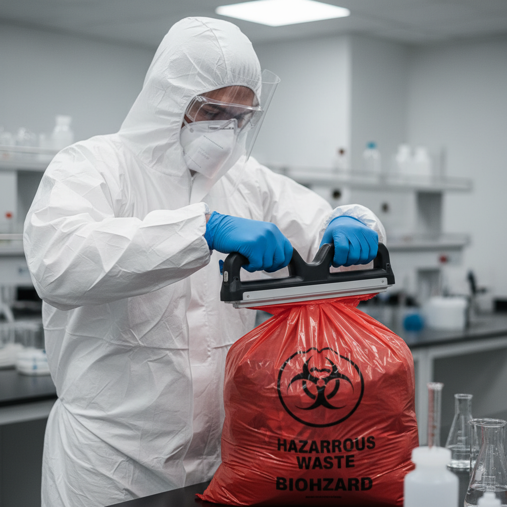 A worker in full PPE (gloves, mask, eye protection, suit) carefully sealing a red biohazard bag in a laboratory setting, with a clear biohazard label visible on the bag.