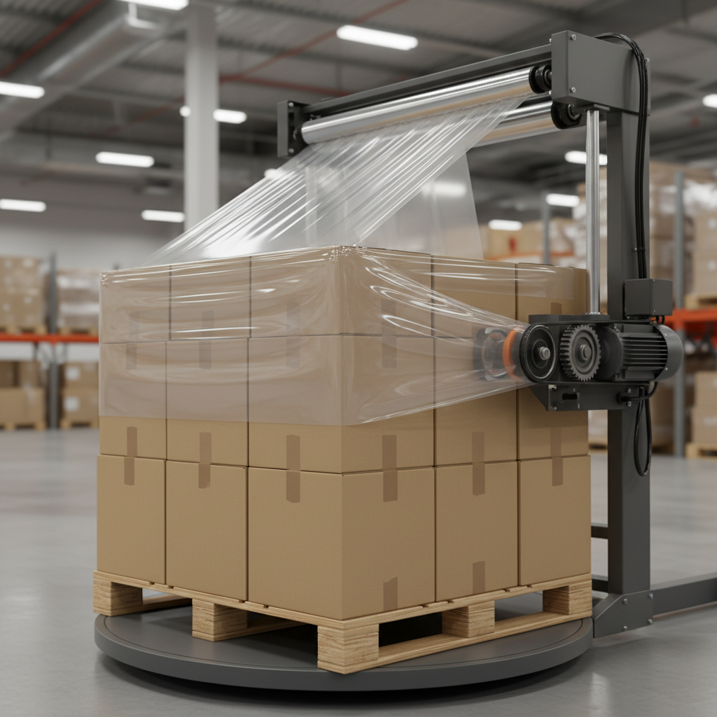 A pallet wrapping machine in operation, securely wrapping a pallet of boxes with clear stretch film. Focus on the machine's mechanics and the tight, even wrapping of the pallet.