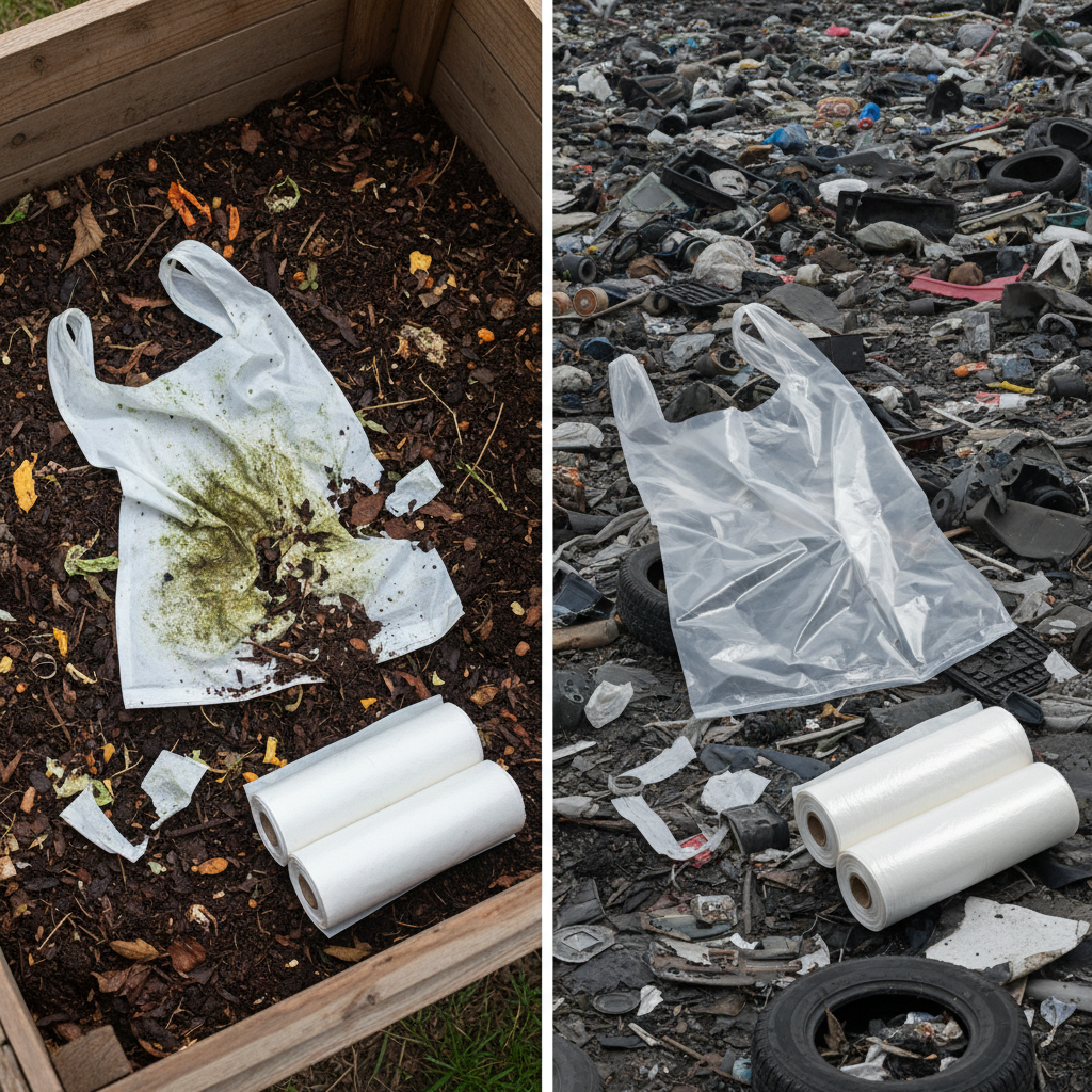 A split image showing the degradation process of a biodegradable t-shirt bag in a compost bin versus a conventional plastic bag remaining intact in a landfill after the same period.