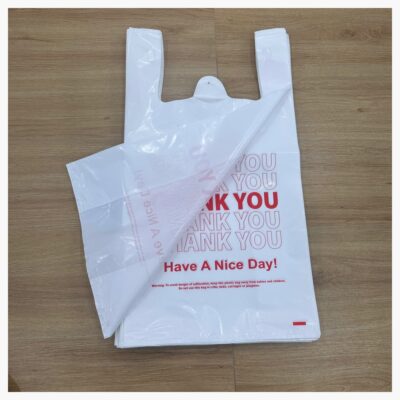 White Thank You T-Shirt Bag back view with integrated handles