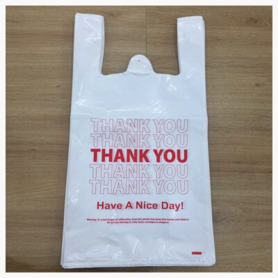 White custom printed Thank You T-Shirt Bag front view